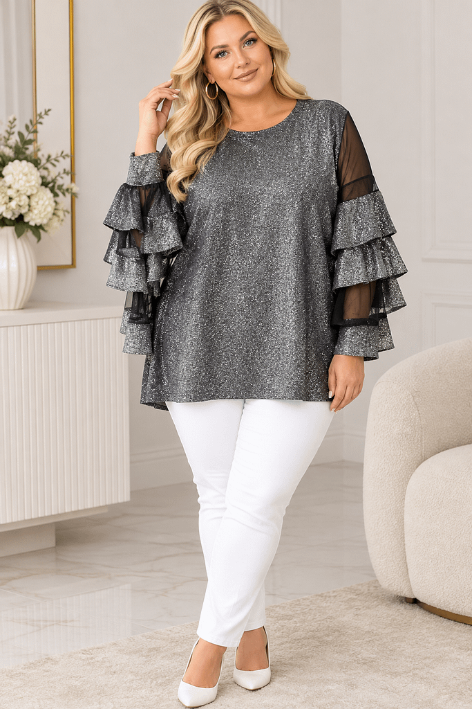 Elegancka bluzka damska plus size z połyskiem i tiulowymi rękawami z falbanami